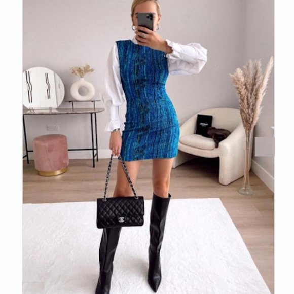 BLOGGER'S FAVE! Zara Blue Tweed-Like Mini Dress Sz M NWT - Picture 1 of 15